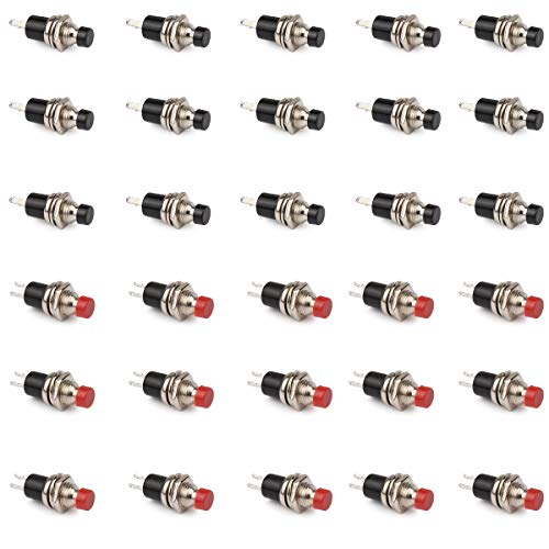 Clyxgs Momentary Push Button Switch，SPST Normal Open NO Switch 2 Pin Mini Micro 1A 250V AC Black +Red Cap 30 PCS