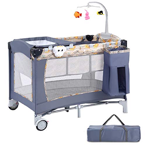 Costzon Baby Playard, 3 in 1 Portable Playpen with Bassinet, Travel Bassinet Bed, Foldable Toddler Bassinet Bed with Music Box, Wheels & Brake, Basket, Oxford Carry Bag for Boys Girls (Gray)