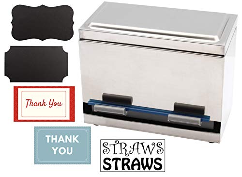 2Fold Supply Stainless Steel Straw Dispenser - For Bulk Unwrapped Drinking Straws - Custom Thank You, Straw and Chalkboard Labels Included