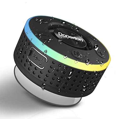 Donerton Bluetooth Speaker, Shower Speaker with Suction Cup, Wireless Portable Speaker, 360 HD Surround Sound Enhanced Bass, Built-in Mic, Dual Stereo Pairing, LED Light Mini Speakers (Black)