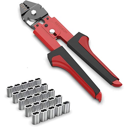 REKOBON 1/16 inch Wire Rope Crimping Cutting Tool with 100 PCS Aluminum Double Barrel Ferrule Crimping Loop Sleeves Kit