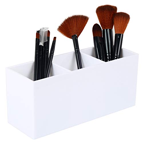 Dseap Makeup Brush Holder Organizer - Acrylic, 3 Compartments - Make up Brushes Holder, Makeup Brush Cup Container Storage Case, White
