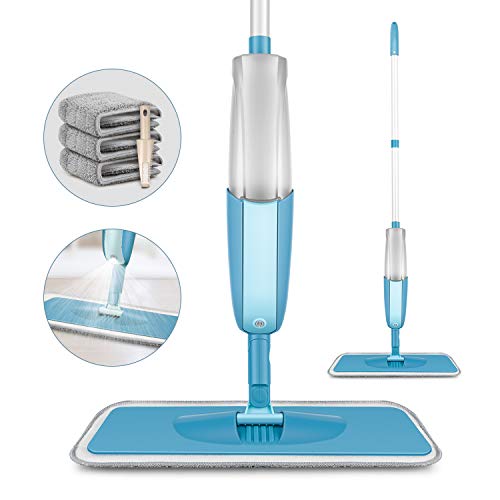 MEXERRIS Microfiber Spray Mop for Floor Cleaning - Wet and Dry, 360 Degree Spin Microfiber Dust Kitchen Mop with 410ML Water Tank Sprayer Include 3 Microfiber Reusable Pads and 1 Scrubber