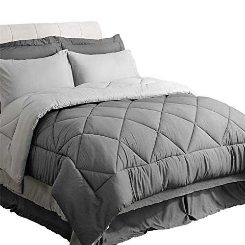 Bedsure Bed in a Bag 8 Pieces Queen Size, Dark Grey/Light Grey - Soft Microfiber, Reversible Bed Comforter Set (1 Comforter, 2 Pillow Shams, 1 Flat Sheet, 1 Fitted Sheet, 1 Bed Skirt, 2 Pillowcases)