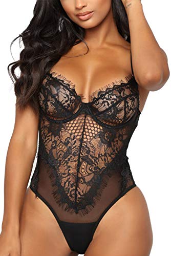 Aranmei Women Hollow Out Lace One Piece Bodysuit Teddy Lingerie (Black, Small)