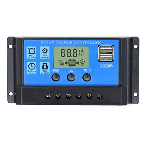 30A Solar Charge Controller, Solar Panel Charge Controller 12V 24V Dual USB Charge Regulator Intelligent, Adjustable Parameter Backlight LCD Display and Timer Setting ON/Off Hours (30A)