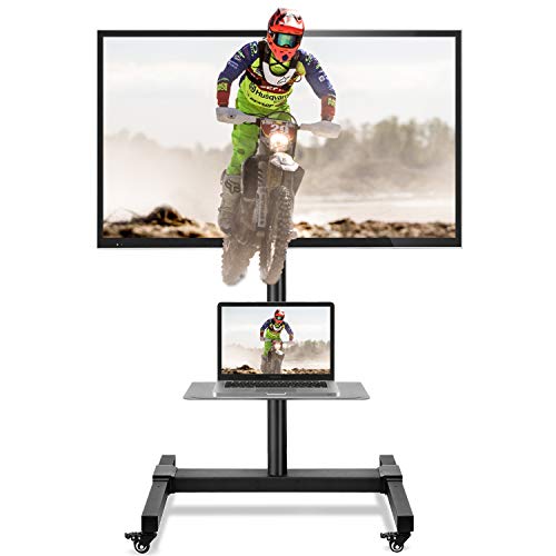 5Rcom Mobile TV Cart Rolling TV Stand with Wheels Height Adjustable for Most 32 37 42 47 50 55 60 65 70 Inch Flat Screen or Curved TVs Monitors TV Floor Stand with Laptop Shelf Display Trolley