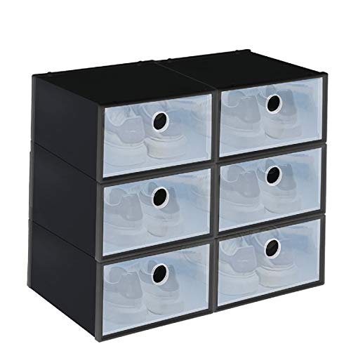 king do way Storage Shoe Box Stackable 6Pack Clear Plastic Shoe Box for Kids and Adults Shoe Storage Black Black