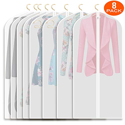 Refrze Moth Proof Garment Bags,Garment Cover,8 Pack Clear Garment Bags,Hanging Garment Bag, Dress Garment Bags for Storage or for Travel,Breathable Dust and Waterproof Garment Covers Clear 24x48 ins