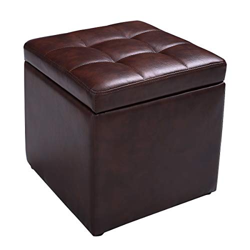 Giantex 16” Cube Ottoman Pouffe Storage Box Lounge Seat Footstools W/Hinge Top and Bottom Feet Home Living Room Bedroom Furniture Storage Ottoman 16”×16” ×16”Footrest Stool (Brown)