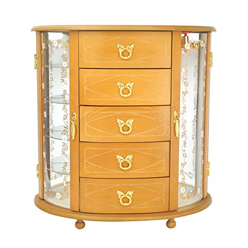 vvhu Beech Jewelry Chest with 5 Velvet Drawers, Etched Acrylic Double-Side Mirrored Cabinet Acrylic Layer Bracelet Hook Jewelry Organizer Box Storage Case Earring Necklace Holder