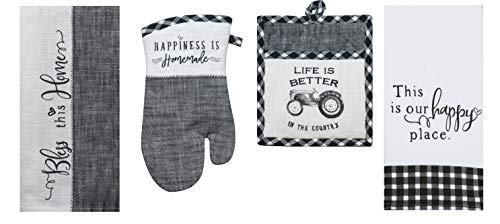 4 Piece Black and White Farmhouse Country Kitchen Linen Set - 2 Towels, Oven Mitt and Pocket Pot Holder