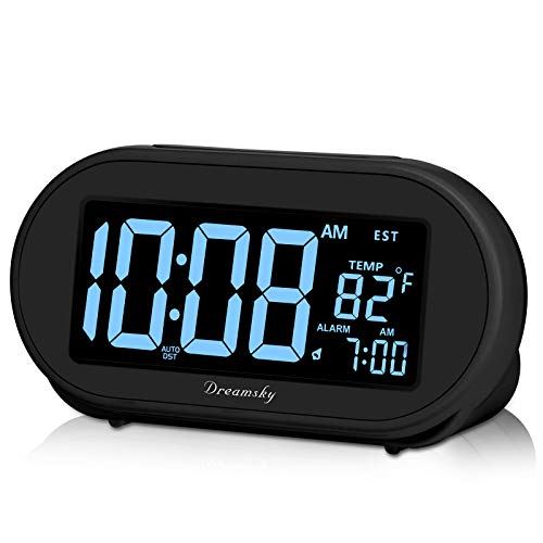 DreamSky Auto Time Set Alarm Clock with Snooze & Full Range 0-100% Dimmer, USB Charging Station/Phone Charger, Auto DST, 4 Time Zones Clocks for Bedrom