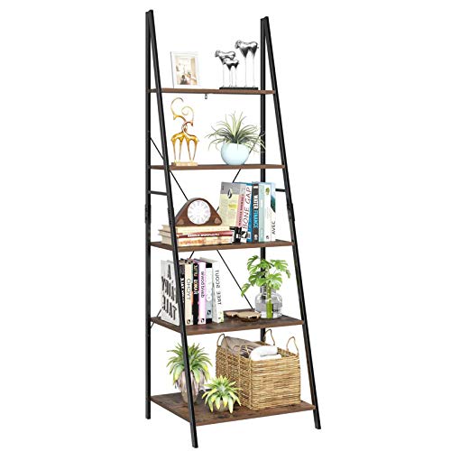 HOMFA Ladder Shelf, 5 Tier Vintage Bookcase, Multifunctional Bookshelf Plant Flower Stand Storage Rack Shelves, Wood Look Accent Metal Frame Modern Furniture Home Office