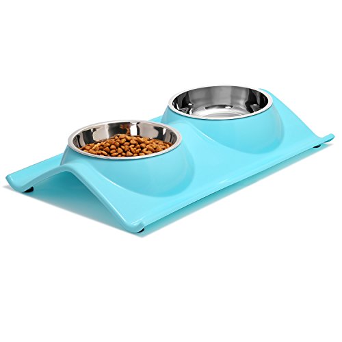 UPSKY Double Dog Cat Bowls Premium Stainless Steel Pet Bowls No-Spill Resin Station, Food Water Feeder Cats Small Dogs (Sky Blue)