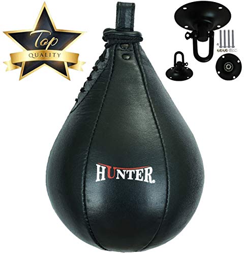 HUNTER Speed Ball Boxing Cow Hide Leather MMA Speed Bag Muay Thai Training Speed Bag Punching Dodge Striking Bag Kit with Hanging Swivel for Workout