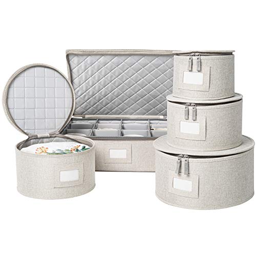 China Storage Set, Hard Shell and Stackable, for Dinnerware Storage and Transport, Protects Dishes Cups and Mugs, Felt Plate Dividers Included (Cream)