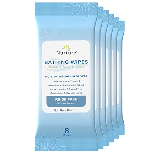 No Rinse Bathing Wipes (6-Pack) | 48 Microwavable Adult Wash Cloths with Aloe Vera and Vitamin E - Rinse Free Cleansing Body Bath Wipes - Latex, Lanolin, and Alcohol Free - 6 Packs of 8 Wipes