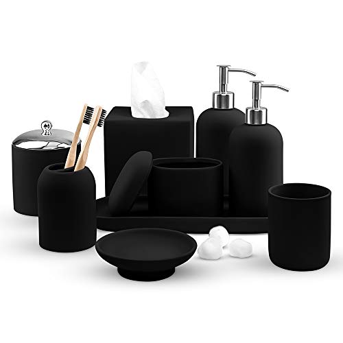 Real Simple- Matching Bathroom Accessories Sets | Soap Dispenser, Lotion Dispenser, Soap Dish, Toothbrush Holder, Tissue Box & More | Complete Modern Bath Decor Set (Black Rubber)