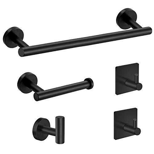 Tudoccy 5-Pieces Matte Black Bathroom Hardware Set SUS304 Stainless Steel Round Wall Mounted - Includes 16' Hand Towel Bar, Toilet Paper Holder, 3 Robe Towel Hooks,Bathroom Accessories Kit