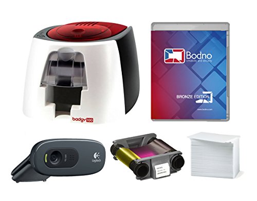 Badgy100 Color Plastic ID Card Printer with Complete Supplies Package with Bodno ID Software & Photo ID Camera