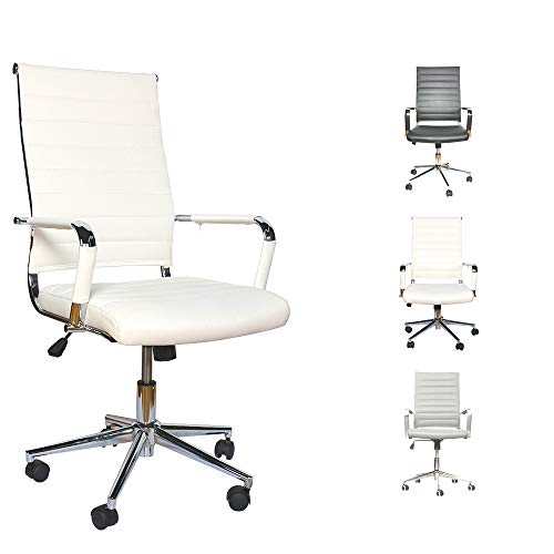 LUCKWIND Ergonomic Office Chair Ribbed Leather Swivel - Adjustable Height Tilt Arm Sleeves Lumbar Support High Back Upholstery Executive Modern Conference Computer Chrome Wheel Caster 350lb (White)