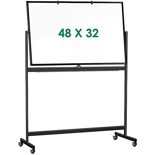 Double Sided Mobile Whiteboard, 48 x 32 inches Large Rolling White Board, maxtek Reversible Magnetic Dry Erase Board Black Easel Standing Whiteboard on Wheels for Home Office Classroom