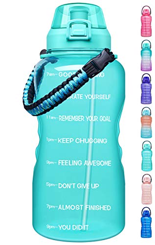 Giotto Large 1 Gallon Motivational Water Bottle with Paracord Handle & Removable Straw - Leakproof Tritan BPA Free Fitness Sports Water Jug with Time Marker-1G-Mint Green