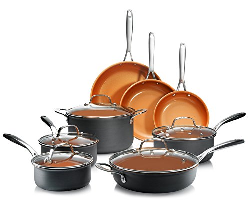 Gotham Steel Hard Anodized Pots and Pans 13 Piece Premium Cookware Set with Ultimate Nonstick Ceramic & Titanium Coating, Oven and Dishwasher Safe, Copper
