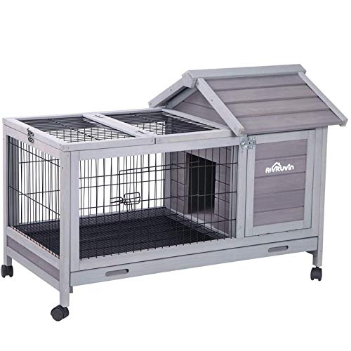 Aivituvin Wooden Rabbit Hutch with Removable Wire Floor Grid 40.4' L x 23.6' W x 28.3' H, Bunny Cage with Deeper Leakproof Tray - 4 Wheels Include