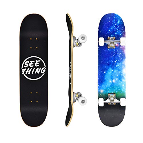 seething 31' Standard Skateboards for Beginners, 7 Layer Canadian Maple Double Kick Concave Standard and Tricks Skateboards for Kids and Beginners(Blue Skyscape)
