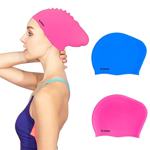 Keary 2 Pack Updated Silicone Swim Cap for Long Hair Women Girl Waterproof Bathing Pool Swimming Cap Cover Ears to Keep Your Hair Dry, 3D Soft Stretchable Durable and Anti-Slip, Easy to Put On and Off