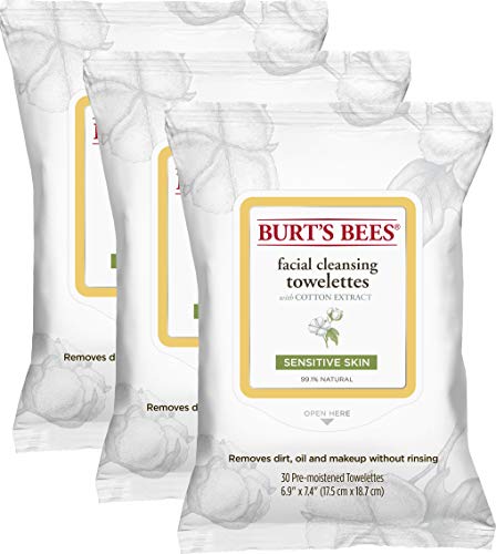 Burt's Bees Sensitive Facial Cleansing Towelettes with Cotton Extract for Sensitive Skin - 30 Count (Pack of 3)