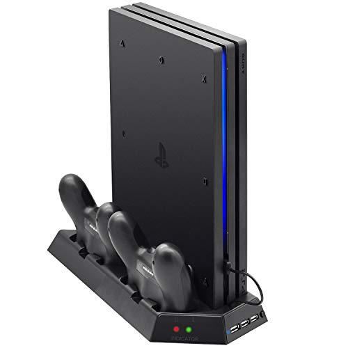 FASTSNAIL Vertical Stand Compatible with PS4 Pro with Cooling Fan, Controller Charging Station Compatible with Playstation 4 Pro, Charger for DualShock 4 Controllers with LED Charging Indicator