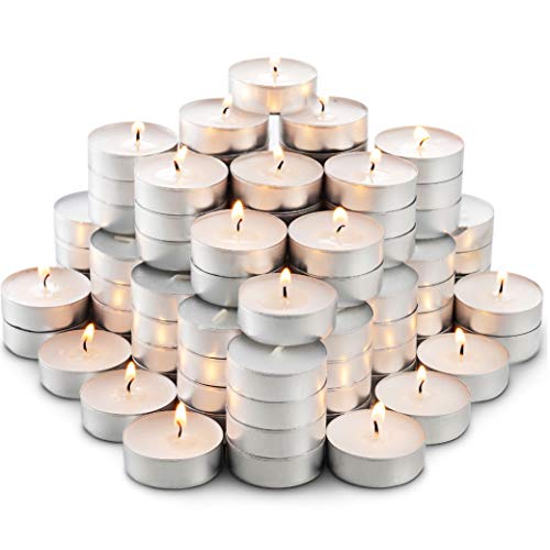 MontoPack Unscented Tea Lights Candles in Bulk | 100 White, Smokeless, Dripless & Long Lasting Paraffin Tea Candles | Small Votive Mini Tealight Candles for Home, Pool, Shabbat, Weddings & Emergencies