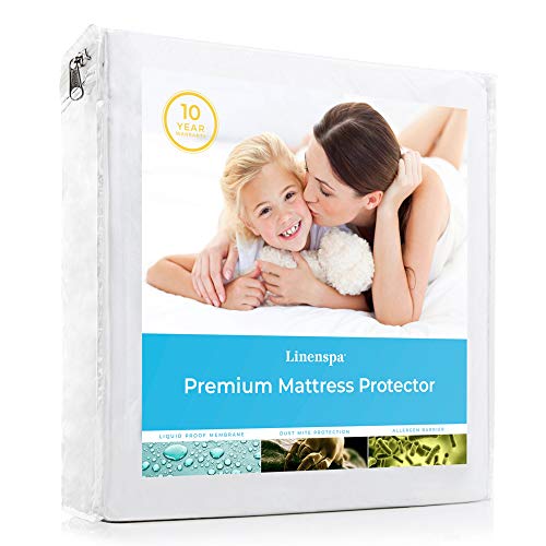 LINENSPA Premium Smooth Fabric Mattress Protector-100% Waterproof-Hypoallergenic-Vinyl Free Protector, Twin, White