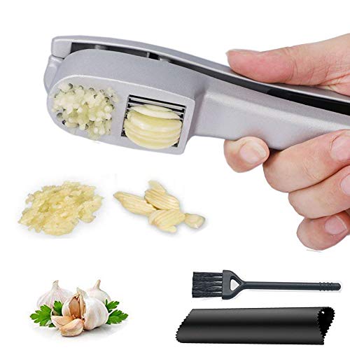 Garlic Press, 2 in 1 Garlic Mince and Garlic Slice with Garlic Cleaner Brush and Silicone Tube Peeler Set. Easy Squeeze, Rust Proof, Dishwasher Safe, Easy Clean.
