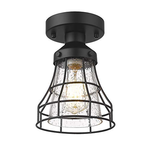 VICNIE 1-Light Semi Flush Mount, 6.3 inch Industrial Ceiling Light Fixture, Seeded Glass Lampshade, Black Finish for Hallway, Laundry, Foyer, Kitchen