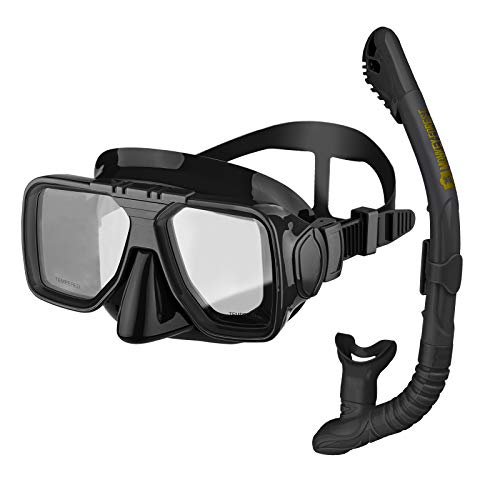MONKEY FOREST Snorkel Mask Set - No Leaking Dry Snorkel Gear, Anti Fog Tempered Glass Lens Diving Mask with Mesh Bag, Easy Breathing and Adjustable Snorkeling Goggles for Adult (Black)