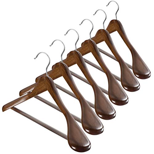 High-Grade Wide Shoulder Wooden Hangers 6 Pack with Non Slip Pants Bar - Smooth Finish Solid Wood Suit Hanger Coat Hanger, Holds upto 20lbs, 360° Swivel Hook, for Dress, Jacket, Heavy Clothes Hangers