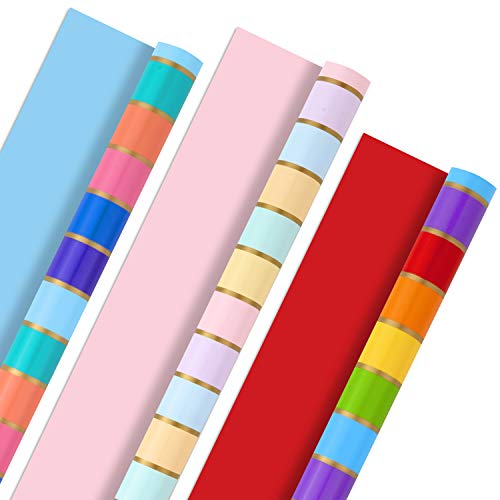 Hallmark All Occasion Reversible Wrapping Paper Bundle - Rainbow Stripes and Solid (3-Pack: 75 sq. ft. ttl.) for Easter, Mothers Day, Birthdays, Weddings, Bridal Showers, Baby Showers and More