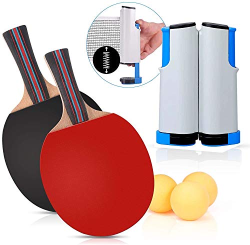 SZHSR Retractable Ping Pong Tabletop Tennis Set, Play Almost Anywhere with Expandable Net, 2 Paddles and 3 Balls, Includes Convenient Portable Drawstring Bag, Indoor Outdoor (Grey)