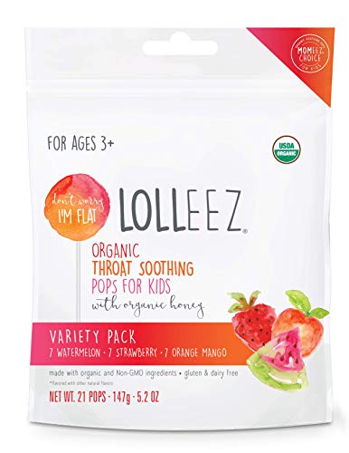 Lolleez Organic Sore Throat Cough Drops - Pops for Kids Made with Honey – 21ct Variety Pack (3 Flavors in 1 Bag)