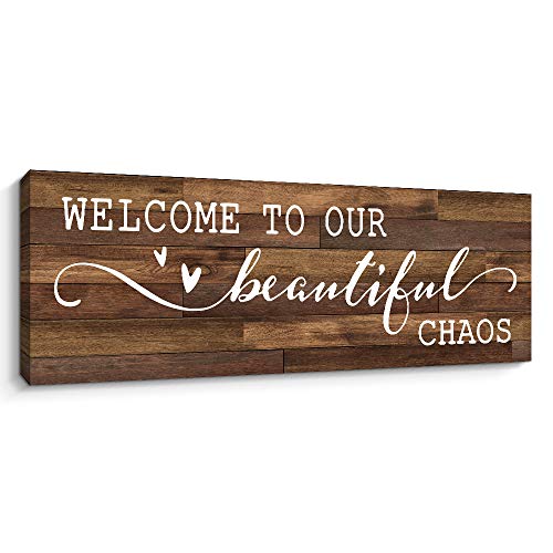 Pigort Canvas Wall Art - Welcome To Our Beautiful Chaos - Funny Home Decor, 6 x 17 Inch Family Decorative Signs Retro Artwork Canvas Prints (Brown)