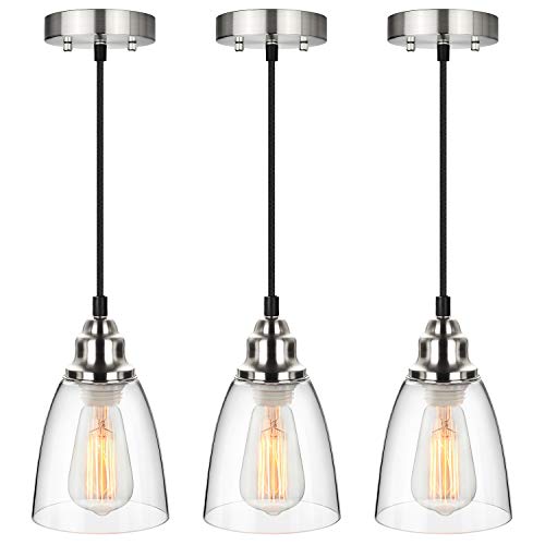 Industrial Mini Pendant Lighting, Clear Glass Shade Hanging Light Fixture, Brushed Nickel, Adjustable Vintage Edison Farmhouse Lamp for Kitchen Island, Restaurants, Hotels and Shops, 3-Pack