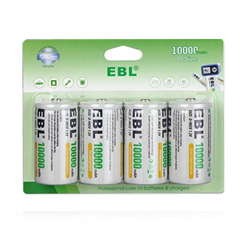 EBL Rechargeable D Batteries, 10000mAh Ni-MH High Capacity D Cell Battery New Retail Package, Pack of 4