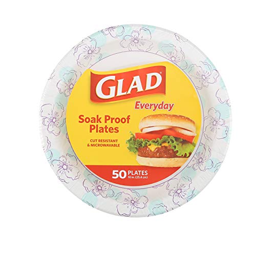 Glad Round Disposable Paper Plates for All Occasions | New & Improved Quality | Soak Proof, Cut Proof, Microwaveable Heavy Duty Disposable Plates | 10' Diameter, 50 Count Bulk Paper Plates