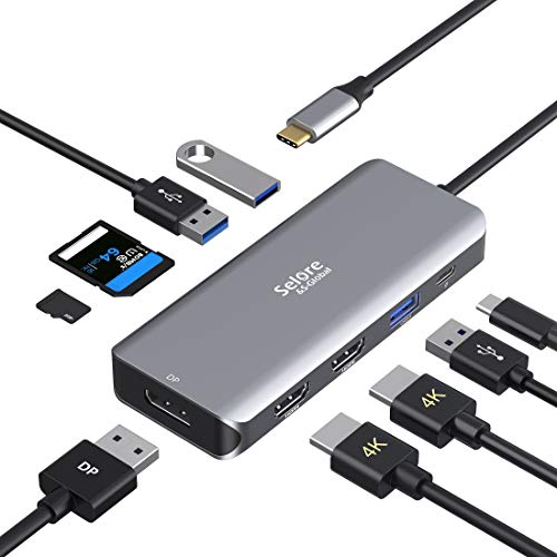 USB C Triple Display Docking Station Dual HDMI Adapter,9 in 1 USB-C to Displayport Adapter SD TF Card Reader 2USB 2.0, 1 USB 3.0, 100W PD for Dell XPS 13/15, Lenovo Yoga,Huawei Matebook X pro,etc