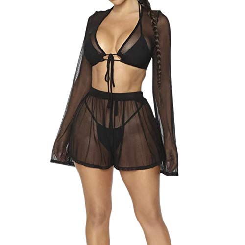 VWIWV Women's 2 Piece Cover Up See Through Swimsuit Sheer Mesh Crop Top and Shorts Outfit Sets Black