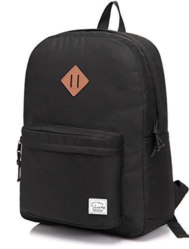 Lightweight Backpack for School, VASCHY Classic Basic Water Resistant Casual Daypack for Travel with Bottle Side Pockets (Black)